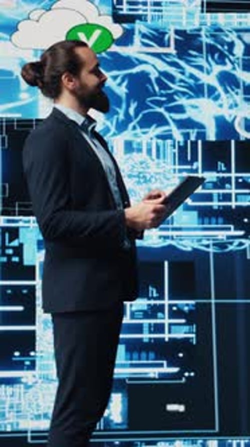 Vertical Video Entrepreneur Uses Laptop to Review Artificial Intelligence Brain System