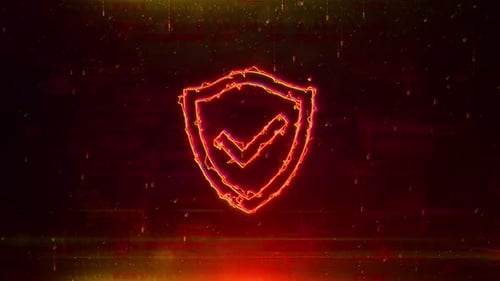 Sicherheitshologramm-Logo auf abstraktem Netzwerktechnologie-Hintergrund digitale rote Farbe