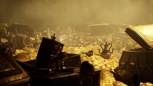 Un immense trésor ancien avec des pièces d'or, des objets en or, des coffres remplis de pièces de monnaie, de pierres précieuses et d'autres objets de valeur