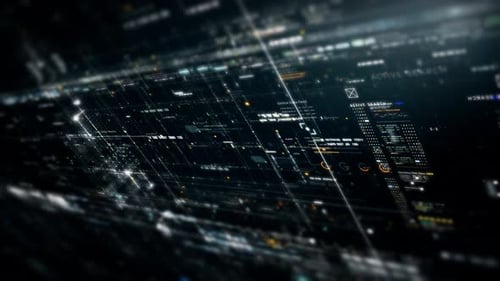 Futuristic abstract de-focus data matrix, meta, metaverse, telemetry and encrypt numbers display wit