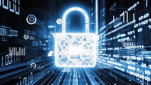 Cyber Security Concept with Animated Glowing Padlock and Data Streams