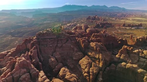Sunlit canyon mountains in Arches National park in Utah, United States.