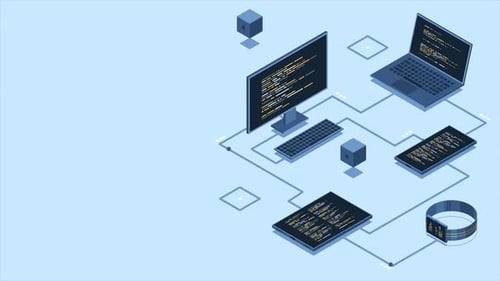 Isometric transfer data between different devices animation. Synchronizing data between laptop