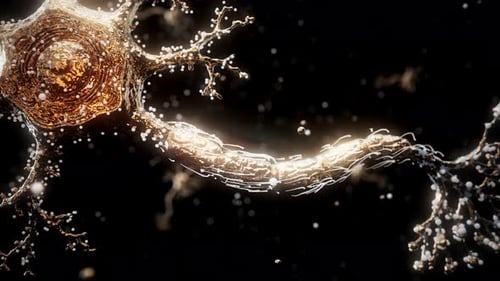 Animation 3D conceptuelle d'un neurone avec des molécules flottantes