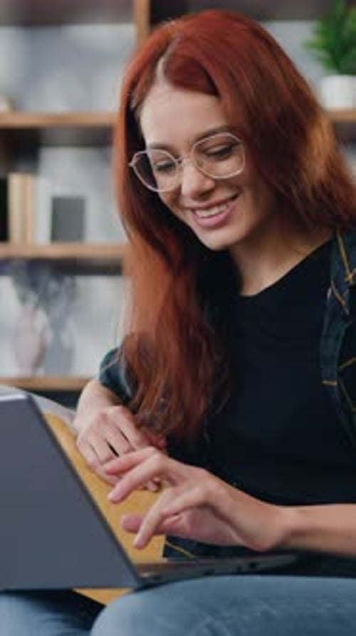 Virtual Home Office Distance Job Freelancer Working Smiling Woman Remote Working Online Using Laptop