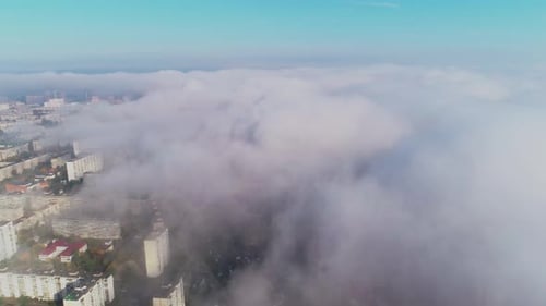 Aerial Birds Eye View of Kyiv City Urban Futuristic Skyline During Fog Skylines Under the Thick Fog