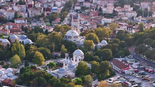 Aerial View of Mosque in Crowded City