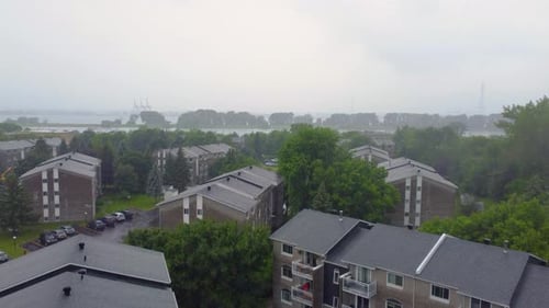 Rainy day in outskirts of Montreal, Quebec, Canada. Aerial