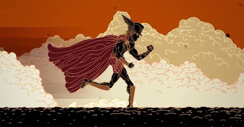Animated Hermes Running Loop with Stylized Cloudscape