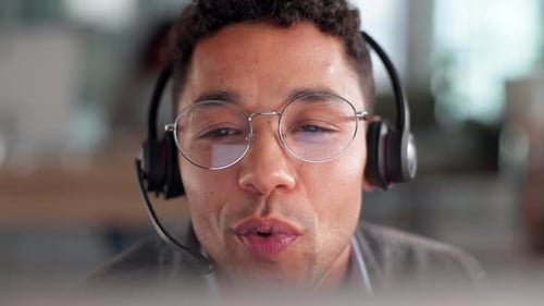 Businessman, consultation and discussion with headset in office for investment