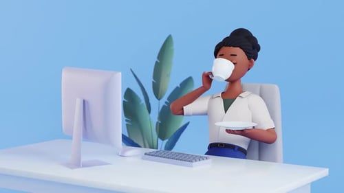 3D Animated Woman Drinking Coffee at Office Desk