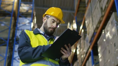 Inspector Wearing Hard Hat with Clipboard Fills in Forms in a Warehouse. He Walks Through Rows of S