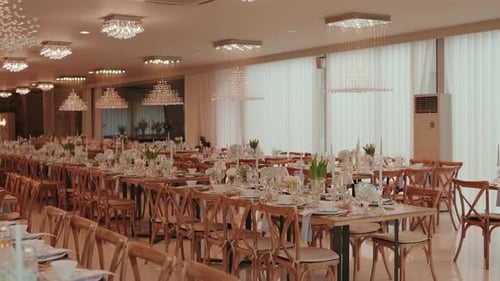 Luxury wedding reception hall with elegant table decor