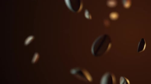 Glossy Coffee Beans Floating on Brown Background