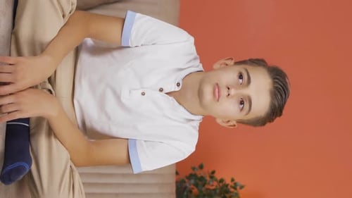 Vertical video of Boy at home looking at camera with a calm expression.