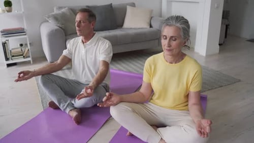 Mature Couple Meditating at Home on Yoga Mats