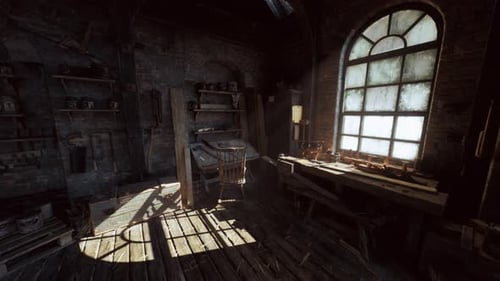 Vintage Workshop Scene Abandoned Workshop Illuminated By Warm Golden Light