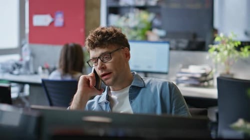 Sales Professional Speaking Mobile Phone Client at Contemporary Office Closeup