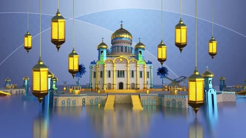 Golden Lanterns and Mosque for Ramadan Eid Celebrations