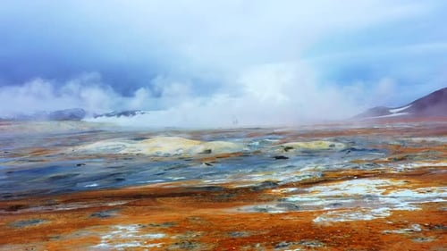 Geothermal Area in Iceland Martian Landscape at Sulfur Valley with Smoking Fumaroles Famous Tourist