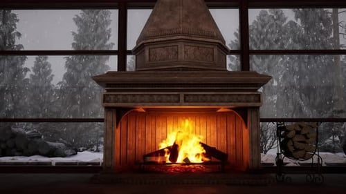 Cozy Winter With A Crackling Fireplace With Falling Snow Outside The Window