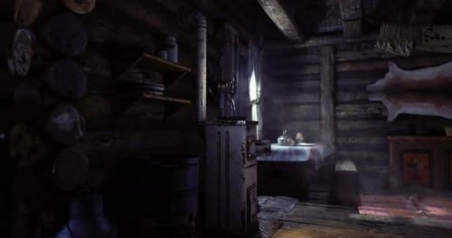 Rustic Wooden Cabin Interior with Volumetric Light Camera Pan
