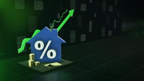 House Interest Rate Percent Mortgage Finance Concept Green Up Trend 3D Animation 4K