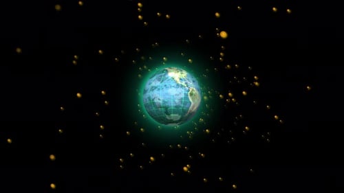 Rotating Earth with Dollar Sign Coins and Digital Grid