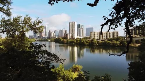 Cinematic Aerial View of Austin, Texas USA. Donwtown Skyline and Colorado River Waterfront