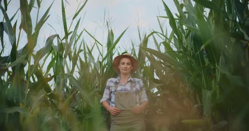 Satisfied Female Farmer in Field of Lush Green Corn
