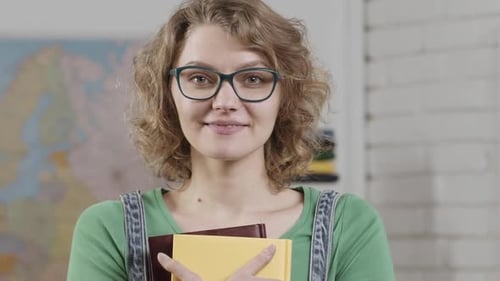 Female Teacher in Glasses in the Classroom Happy Young Woman Teacher Headshot Closeup Portrait of