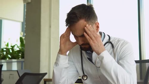 Stressed Doctor Rubbing Head in Office