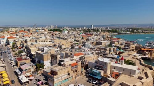 Aerial video over the old city of Acre in northern Israel