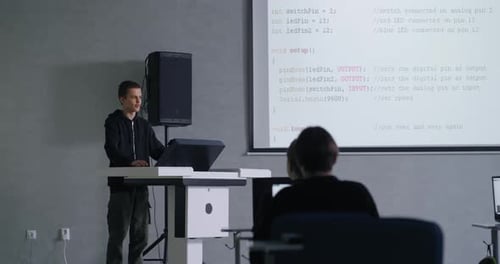 Programming And Coding Class In Middle School Diverse School Boys Listening To Presentation