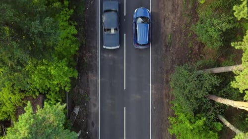 Aerial View of Car Passing Through the Green Pine Forest and Mountain on Countryside Road