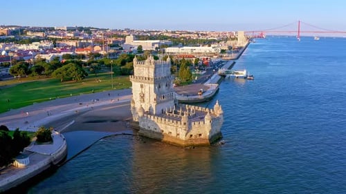 Drone Fly Towards Belem Tower Lisbon Portugal on Sunny Day