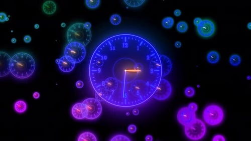 Reloj analógico de neón que brilla con gradiente, partículas animadas