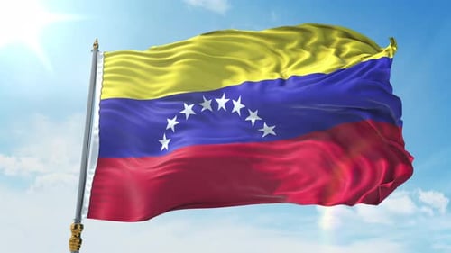 Venezuela Flag Waving in Realistic Blue Sky