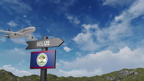 Belize Flag With Airplane And Arrow Sign
