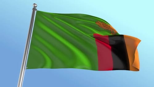 Realistic Waving Flag of Zambia Against Blue Sky