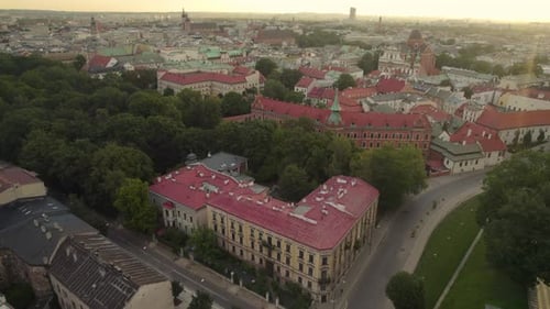 Aerial Panoramic View of Krakow Old City in Poland Europe at Sunrise, Urban Streets, Historic Buildi