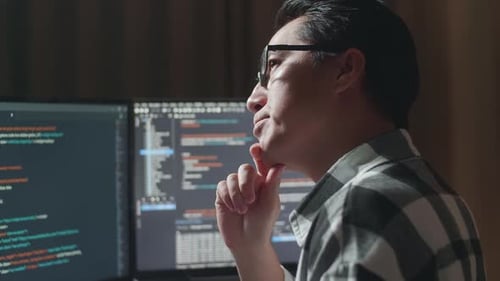 Close Up Of Programmer Thinking About Something While Creating Software Engineer Developing