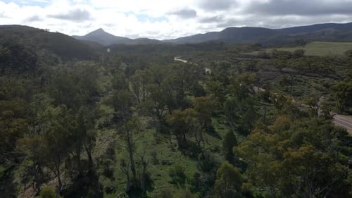 Aerial flyover Horrocks pass Countryside Road, Natural Landscape, Australia