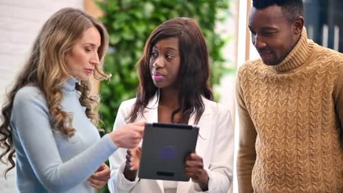 Multiracial group of workers in an office discussing business affairs using a tablet. Slow motion