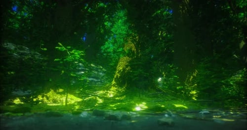 Mysterious Forest Glows with Vibrant Greens Under Enchanting Light