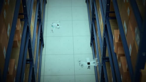 Animation mit einer Lagerdrohne, die QR-Codes auf den Pappkartons in einem Metallregal scannt