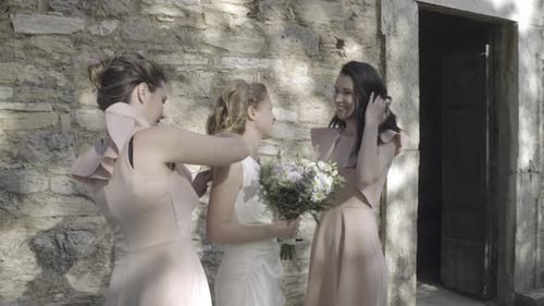 Bridesmaids chatting with Bride