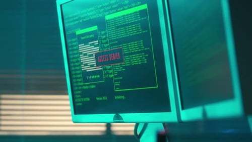 Computer Screen with Green Line of Program Code and Access Denied Warning
