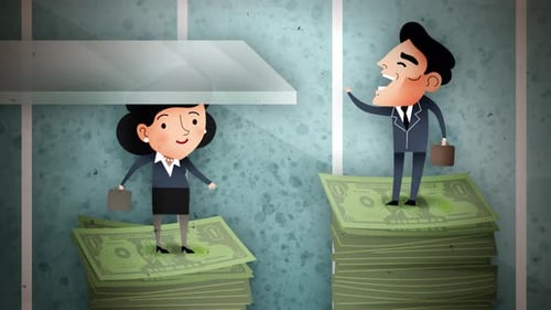 corporate man and woman climbing salary ladders while woman hits the glass ceiling