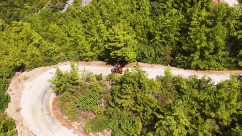 Vídeo aéreo conduciendo un buggy por un estrecho camino de tierra en la naturaleza
